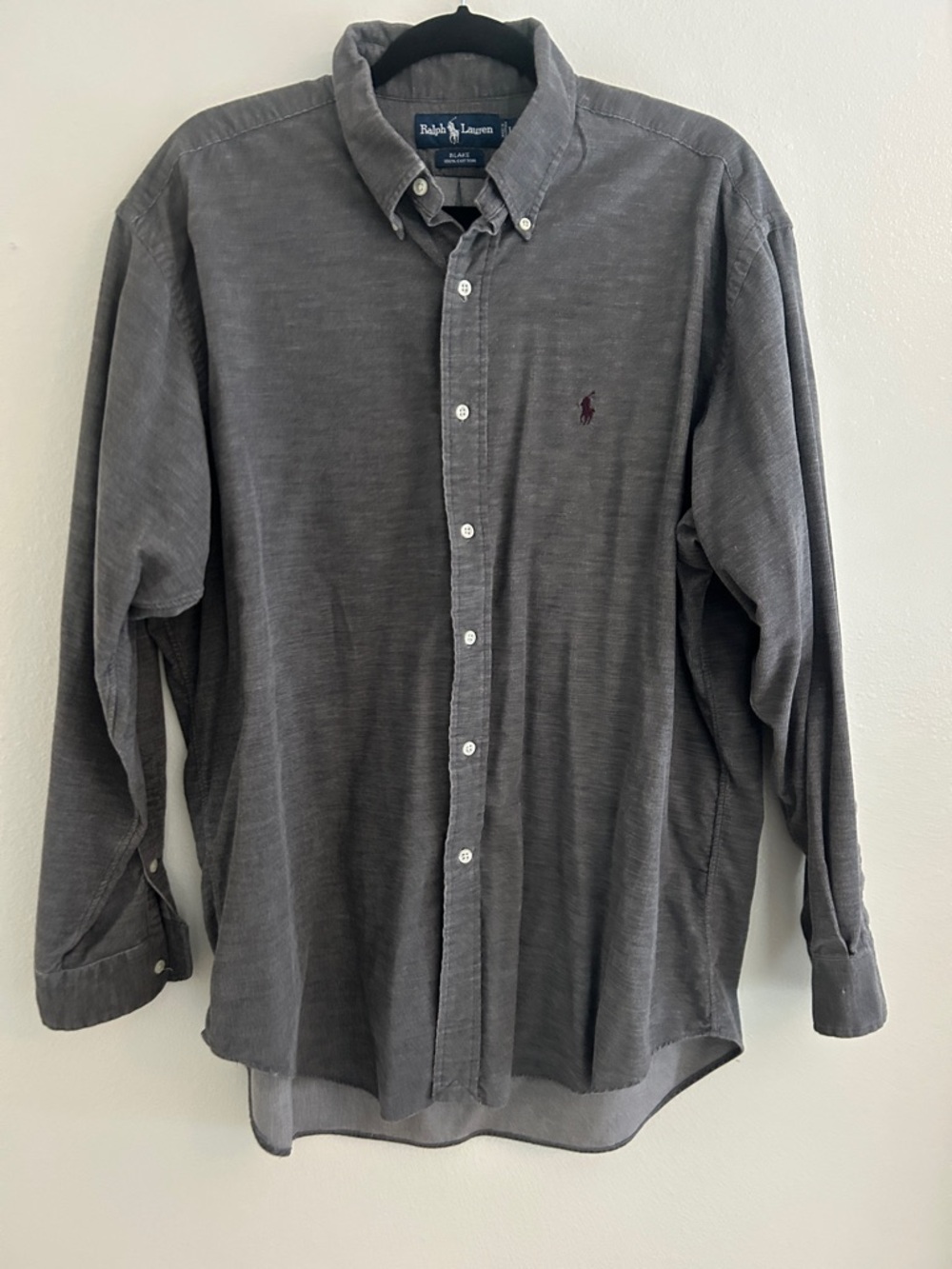 Ralph Lauren Men's Button-Down Shirt in Charcoal with Maroon Pony The Blake Larg
